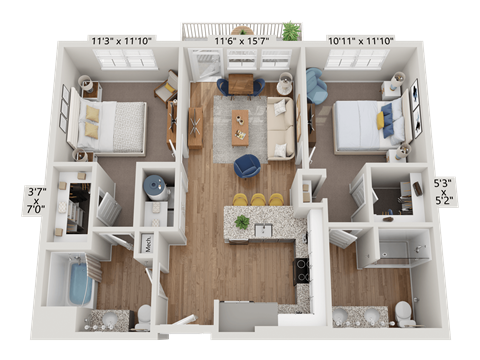 Floor plan for 2 beds, 2 baths, 917 sqft